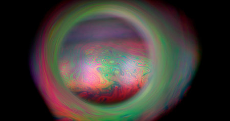 Blur fluid. Mystical paint. Colorful emulsion oil dye mix glow sphere. Red green cosmic background black space whirl frame.の写真素材