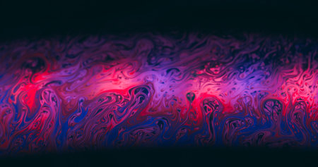 Fluorescent swirl. Vibrant ink. Colorful soap stream multilayer art reflection. Pink purple glow mix defocused abstract black background.の写真素材