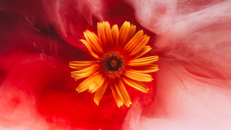 Flower ink. Vapor texture. Defocused red crimson pink color smoke paint water yellow creative doronicum on abstract nature pink background.の写真素材