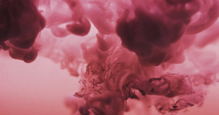 Smoke explosion. Haze flow. Purple paint blobs dissolving on color background. Art pigment wave fog...