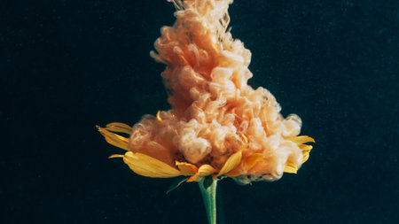 Botany paint. Ink wave. Defocused yellow color smoke texture lily nature flower fluid floating on abstract art dark black background.の写真素材