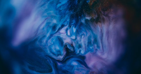 Paint mix. Blur bokeh art. Defocused blue purple multicolor wet texture liquid water floating on abstract dark black creative background.の写真素材