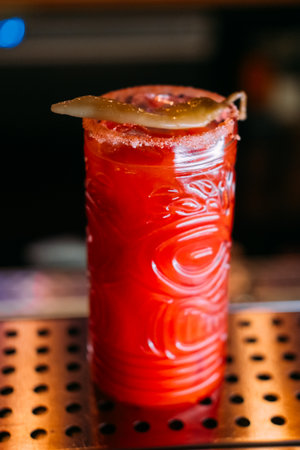 Alcoholic drink. Pepper cocktail. Bright refreshing vegetable beverage garnished with spicy ingredient in glass. Restaurant vitamin tomato mix.の写真素材