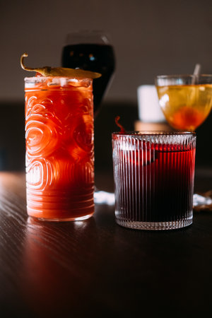 Cocktail set. Alcoholic drink. Bright beverages served in glass on pub table. Bar refreshing assortment with bloody mary wine negroni.の写真素材