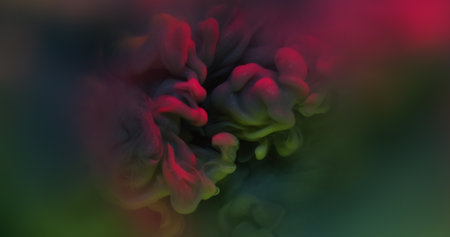 Paint explosion. Colorful flow. Smoke gleam powder wave burst on fog liquid surface. Mystic water...