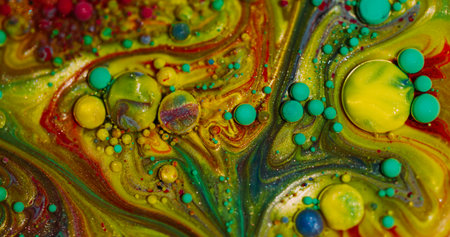 Bubble texture. Paint mix. Defocused yellow green purple colorful sparkling round acrylic oil fluid...