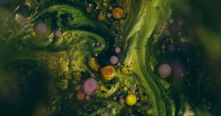 Bubble stream. Sparkling oil ink. Defocused yellow green purple color glitter round mix water circle...