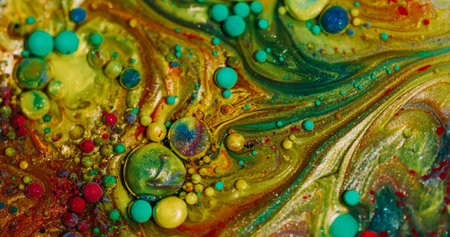 Paint water emulsion. Bubble flow. Defocused yellow green red colorful glitter round wet oil blend...