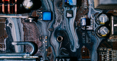 Ink flow. Digital hardware. Defocused orange blue colorful glitter water dark black electronic...