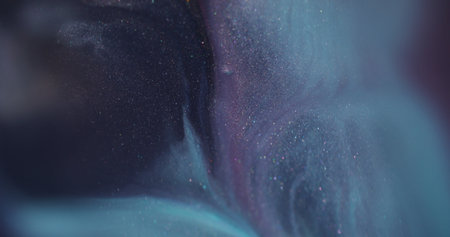 Blur color water. Paint flow. Defocused blue purple chemical liquid sparkling shimmer pigment...