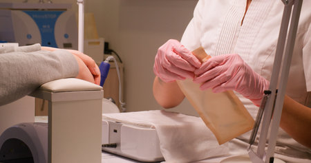 Professional manicure. Nail hygiene. Beautician female hands in sterilized pink gloves taking tools forceps getting ready for beauty service care procedure.の写真素材