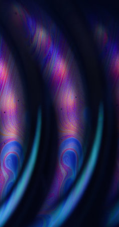 Blur psychedelic fuel. Drop fluid. Blue purple color chemical ink round curve bubble floating on...
