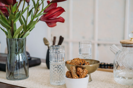 Healthy breakfast. Oatmeal bowl. Transparent glass with tasty wholegrain snack rich in protein fiber...
