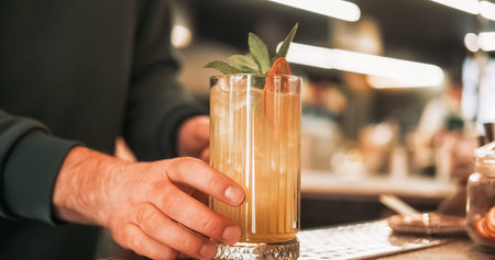 Cold drink. Served cocktail. Bartender hand offering tall glass of juice ice cubes with aromatic...