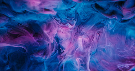 Paint splash. Ink mist. Defocused blue purple color glitter cloud pigment texture sparkling particles spreading on abstract art background.の写真素材