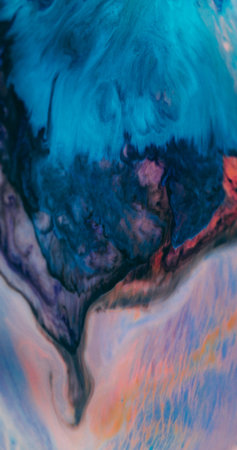 Defocused spreading paint. Color blob blot. Blue black fluid explosion on orange acrylic background. Art blend abstract dirty texture.の写真素材