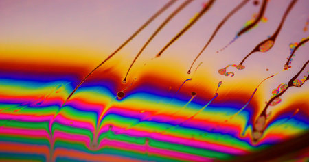 Blur art flow. Psychedelic chemical ink. Droplet blob trails on striped rainbow color texture....