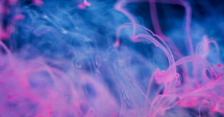 Blur neon smoke. Ink blend. Fluorescent purple blue color blob underwater dissolving. Abstract swirl...