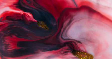 Dye stream blur. Glitter drop. Black red paint blending in white color liquid. Wave stream with...