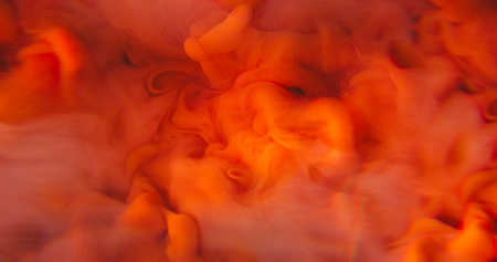 Blur color pigment. Fog ink blend. Defocused orange pink dust liquid splash cloud spreading on abstract underwater art background.の写真素材