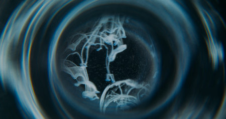 Haze flow blur. Pigment splash. Blue gray paint blot floating in water. Cloud round ring glow frame...