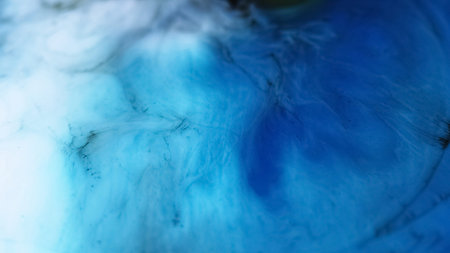 Defocused acrylic paint. Blue spill texture. Vivid water color liquid spatter marble mix spreading...