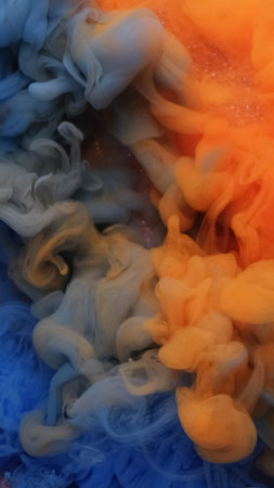Paint background. Mix fume texture. Defocused orange blue color glitter splash smoke cloud spreading...