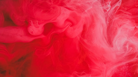 Ink vapor drop. Color steam smoke. Defocused red pink cloud fog glitter splash bright water...