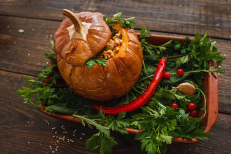 Pumpkin Seasonal Healthy Food Vegetarian Cuisine Traditional Halloween Menu Conceptの写真素材