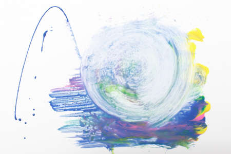 Abstractionism, colorful creative painting, modern art, creativity. Water swirl, smeared blue paint mixed with yellow, green and pink on white background.の写真素材
