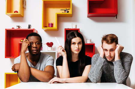 Woman Pregnancy Paternity Test Two Partners Man Polygamy Worry Thoughtful Frustrated Hope Negative Resultの写真素材