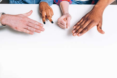 Game Fun Rock Paper Scissors Hand Play Unrecognizable Interracial Closeup Friendship Pastime Conceptの写真素材