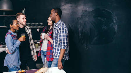 Couple Kitchen Breakfast Smile Black White Interracial Breakfast Happy Neighbors Relationships Communication Background Conceptの写真素材