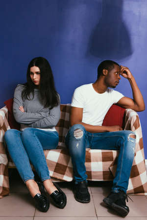 Couple International Life Conflict Interracial Black Man White Woman Offence Not Talking Quarrel Resentment Ignore Conceptの写真素材