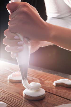 Gingerbread decorated by chef with cream. Backlight, colorful food, homemade cakes, bakery closeup...