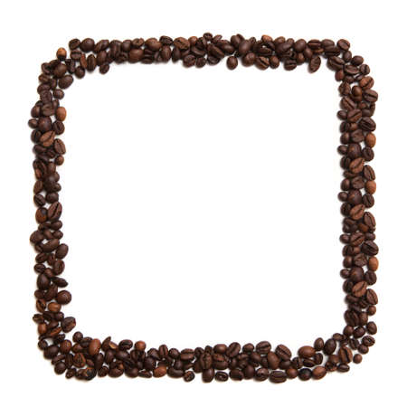 Isolated coffee beans square shape on white background. Close up picture of frame made from seedsの写真素材