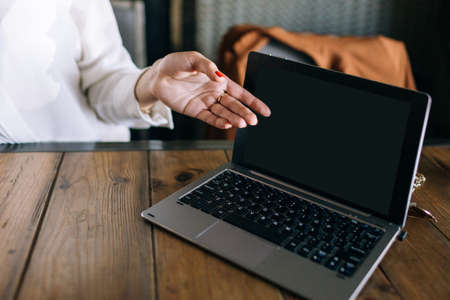 New website presentation. Business project. Developers products demonstration, laptop with black...