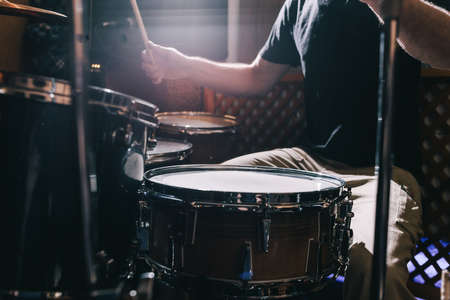 Professional drum set closeup. Drummer plays drums, live music concertの写真素材