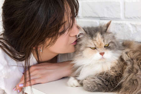 Close up of young brunette woman kisses her lovely cat. Charming family pets and peoples love to themの写真素材