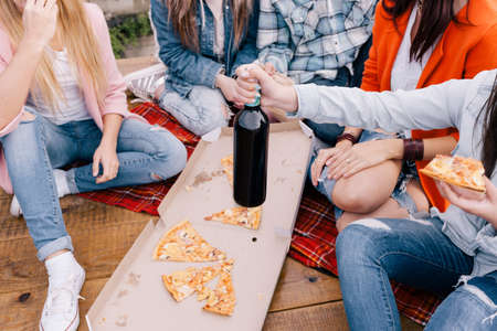 Happy celebration with junk food. Bad habits, pizza and alcohol. Fun friendship party outdoors