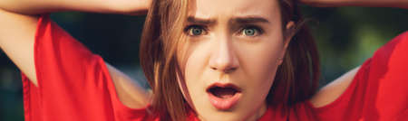 Bad surprise expression. Woman in troubles. Help support helplessness fear concept