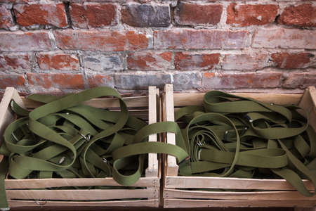 Aerial yoga equipment. Healthy lifestyle. Wooden fitness studio background, modern gym interior. Active youth entertainment, exercise conceptの写真素材