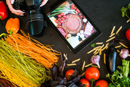 mobile food photography advertisment photo e-commerce technology conceptの写真素材