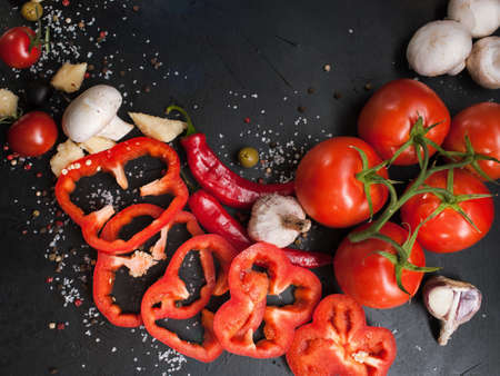 food photography. organic vegetable assortment spices mix background. healthy vegetarian lifestyle conceptの写真素材