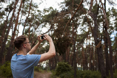 Man phone photo forest landscape concept. Gorgeous view. Unity with the nature.の写真素材