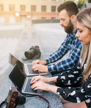 backstage teamwork photoshoot lifestyle. web surfing conceptの写真素材