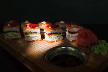 food photography art. sushi rolls assortment. japanese cuisine conceptの写真素材