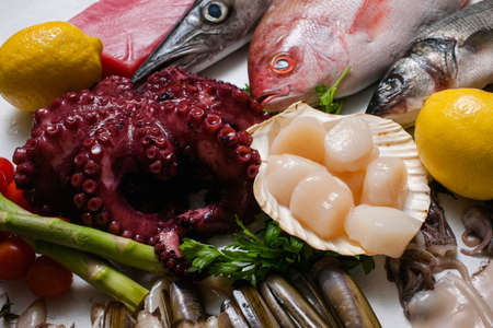 Delicious restaurant seafood assortment concept. Culinary delights. Proper nutrition.の写真素材
