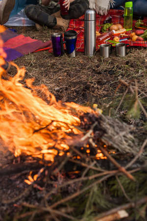 Picnic friends tourism bonfire concept. Unity with nature. Hiking spirit. Time for tea.の写真素材