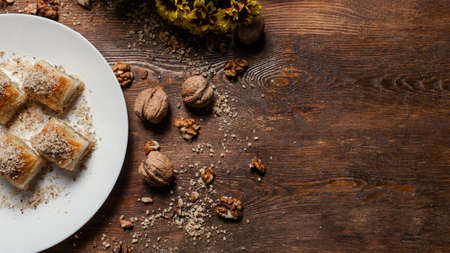 Baklava traditional oriental dessert. Sweet turkish food background conceptの写真素材